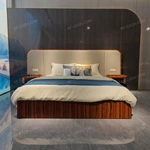 Soft Beige Upholstered Bed with Natural Wood Veneer Trim & Integrated Ambient Lighting